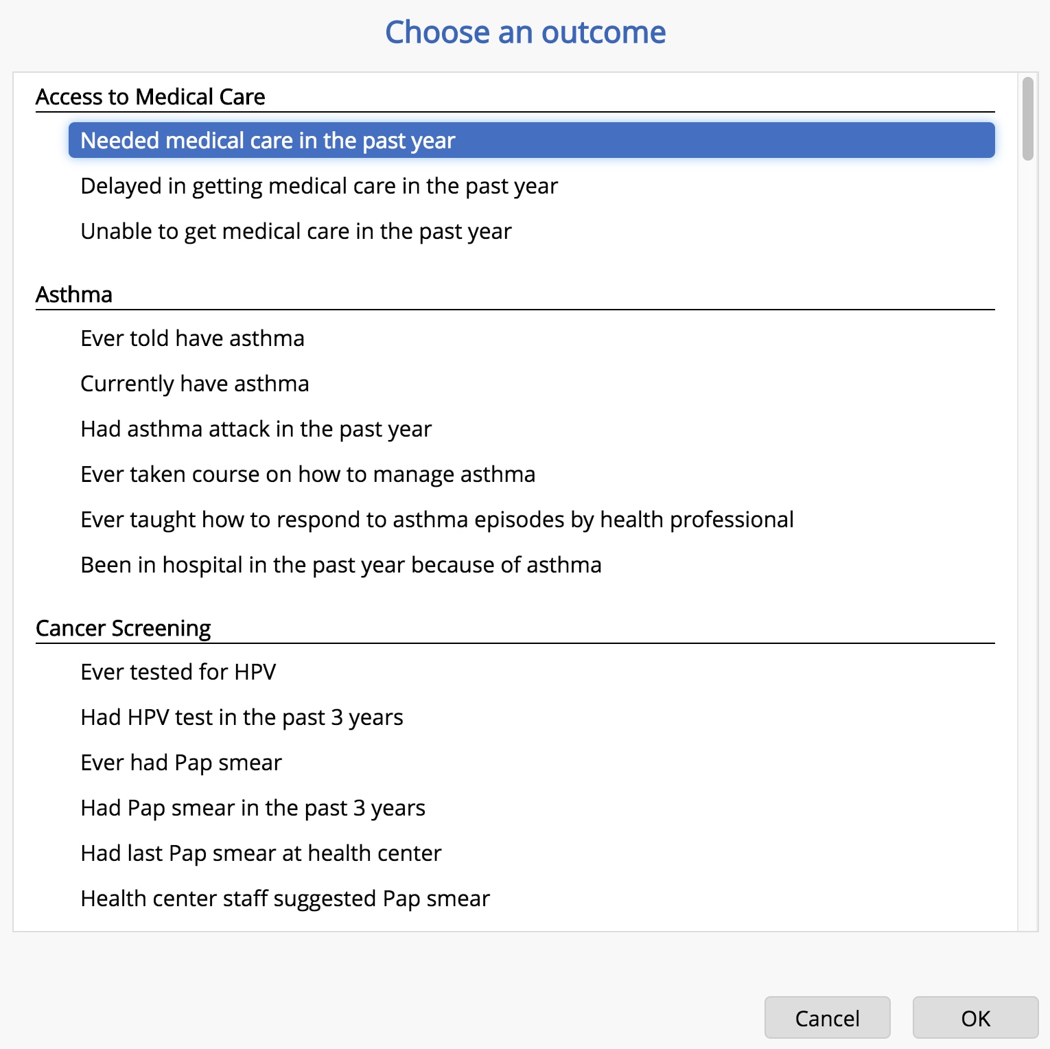Dashboard screenshot of a dialog box for choosing a different outcome