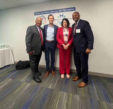 Left to right: Jeffrey Beard, HRSA IEA Regional Administrator; Congressman Jake Auchincloss; Cynthia Sierra, Chief Executive Officer, Manet Health Center; and Michael Curry President, Massachusetts League of Community Health Centers.