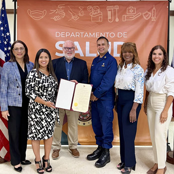 Left to right: Madeline Rossy, HRSA IEA; Darielys Cordero, Executive Director, Puerto Rico Primary Care Association; Felix Rodriguez-Schmidt, Undersecretary of Health, Puerto Rico Department of Health; CAPT Chandak Ghosh, HRSA IEA Acting Regional Administrator; Marilú Cintrón, Auxiliary Secretary of Family Health and Integrated Services, Puerto Rico Department of Health; Melanie Deal, HRSA IEA.