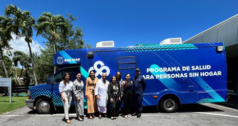 Left to right: Melanie Deal, HRSA IEA; Niosiris Ortiz, Homeless Program Municipality of San Juan; Tatiana Martinez, Executive Director of the Homeless Program Municipality of San Juan; Veronica Rodriguez, Medical Director, Homeless Program Municipality of San Juan; Cristina Agosto Pagán, Homeless Program Municipality of San Juan; Madeline Rossy HRSA IEA; Chiara Berrios, Deputy Director Homeless Program Municipality of San Juan; CAPT Chandak Ghosh, HRSA IEA Acting Regional Administrator