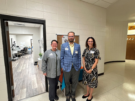 Left to right: Erika Slagel-Perry, School Program Manager; Albert Brogan, CFO; and HRSA IEA Regional Administrator Leah Suter at a school-based health center at Pulaski County High School in Dublin, VA