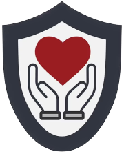 An icon of a shield, with hands holding a heart on the inside.