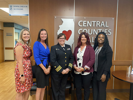 From left to right: Angel MacGibbon, Chief Financial Officer; Donna Reeves, Director of Community Engagement; CDR Sharyl Trail, HRSA IEA Region 5 RA; Heather Burton, Chief Executive Officer; Curtizia Alexander, HRSA IEA Region 5 Public Health Analyst.