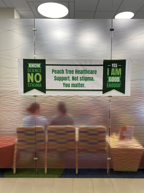 Welcome sign in PeachTree Healthcare’s lobby area.