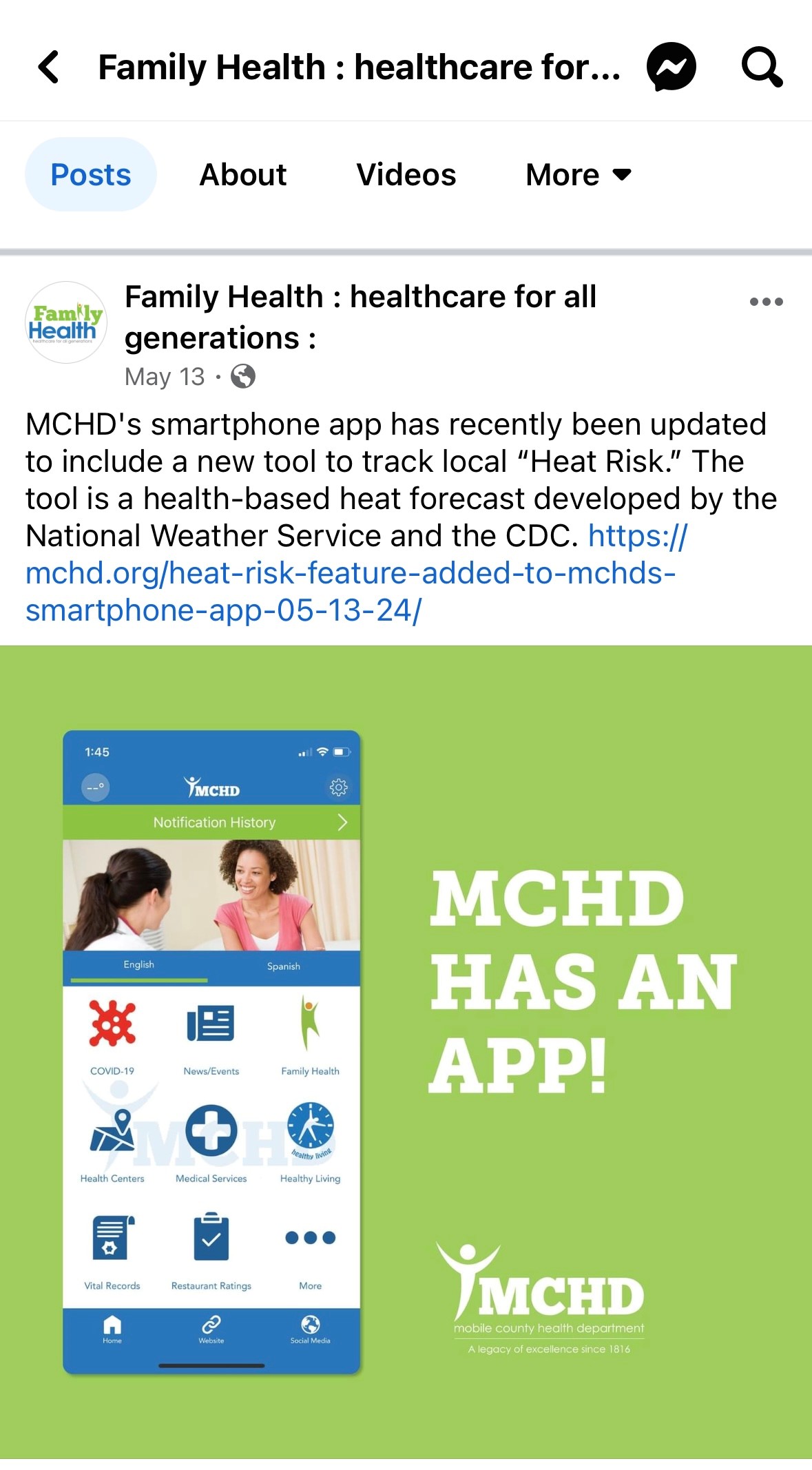 A screenshot of a Facebook post announcing a Heat Risk tracking feature in the MCHD smartphone app.
