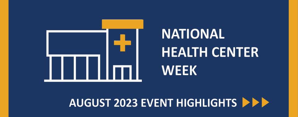 An illustrated outline of a hospital next to the words, "National Health Center Week" and "August 2023 Event Highlights"